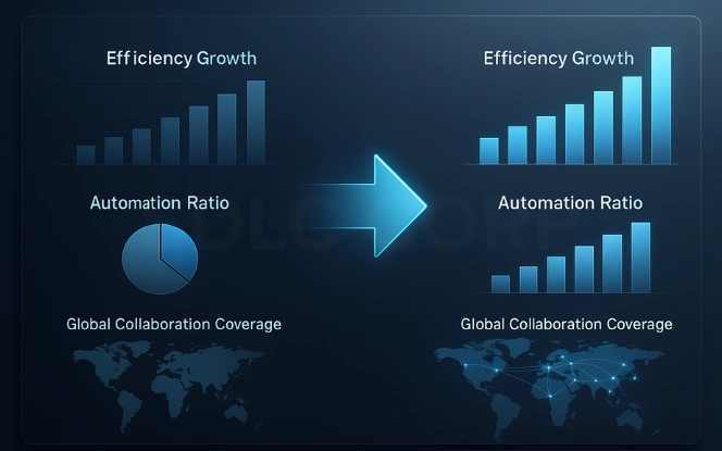 Side-by-side dashboard panels comparing before and after business models with charts for efficiency growth, automation ratio, and global collaboration coverage; smooth transition arrow in the center.