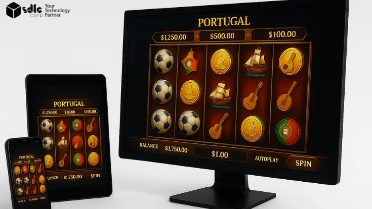 Realistic slot game development interface showing Portuguese-themed slot reels on smartphone, tablet, and desktop screens with seamless cross-platform design