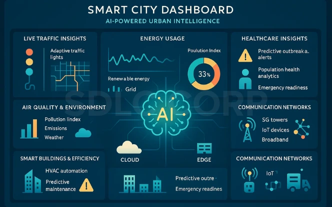 Dashboard showing live city traffic, energy usage, renewable energy ratio, and air quality insights..