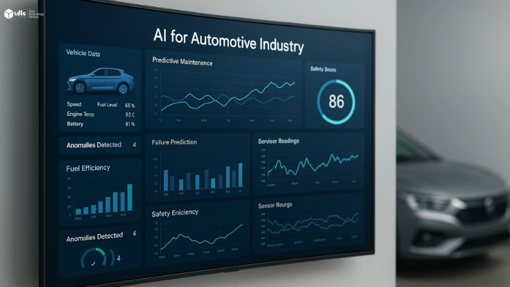 AI dashboard mock-up on a curved widescreen TV showing automotive industry analytics with vehicle data, predictive models, and safety monitoring graphs, with a blurred parked car in the background.