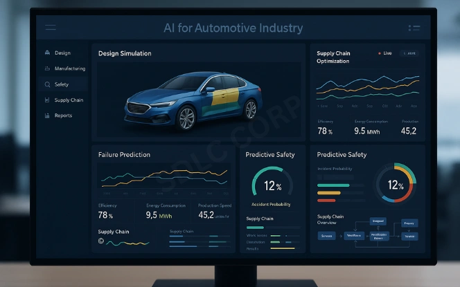 Front-facing manufacturing dashboard with production metrics, robot efficiency, maintenance alerts, and defect detection