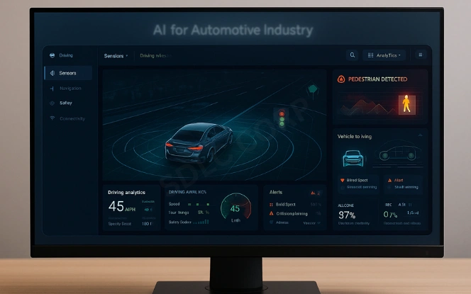 Centered smart vehicle analytics dashboard showing safety alerts and driving KPIs