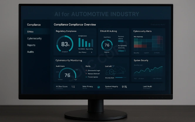 Centered monitor fully visible showing autonomous driving dashboard with blurred AI for Automotive Industry header