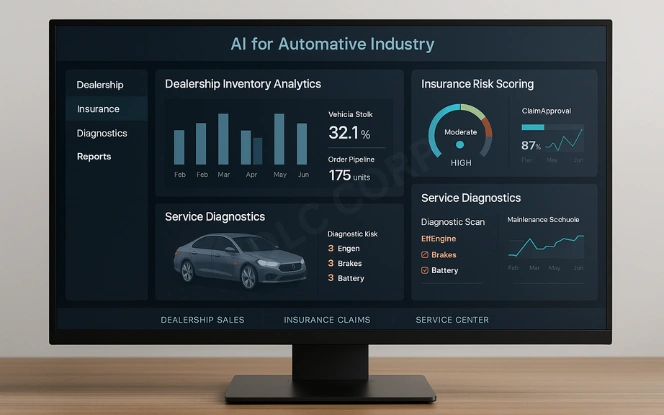 Business applications dashboard with dealership inventory, insurance risk scoring, and service diagnostics