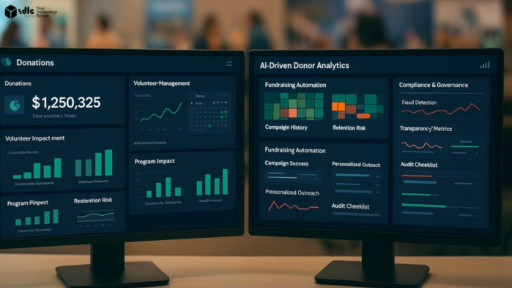 Dual-monitor AI dashboard for nonprofit organizations showing donation tracking, donor analytics, volunteer scheduling, and program impact.