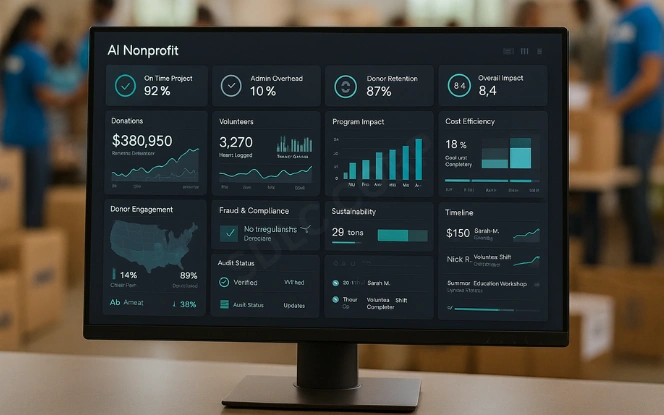 AI dashboard showing nonprofit KPIs with donations, volunteers, and program outcomes.