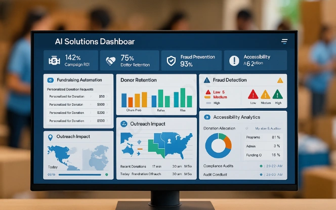 AI dashboard with fundraising automation, donor retention, fraud detection, and accessibility analytics for nonprofits.