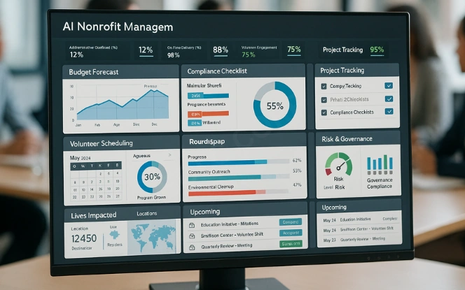 AI dashboard with budget forecasts, volunteer scheduling, compliance checklists, and project tracking tools.