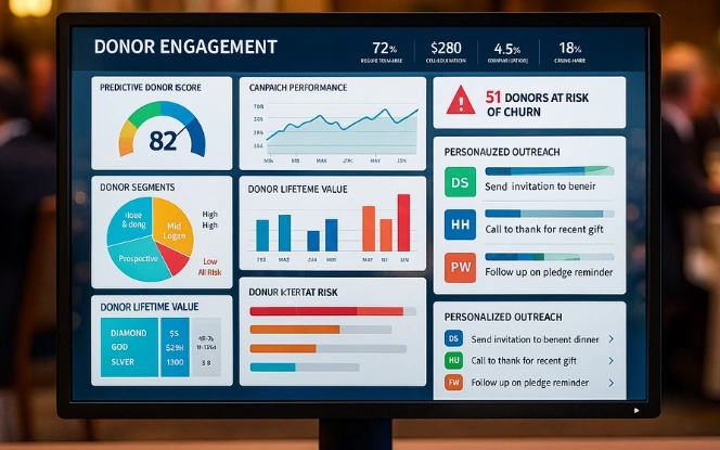 AI dashboard tracking donor engagement with predictive scores, campaign graphs, and churn risk alerts.