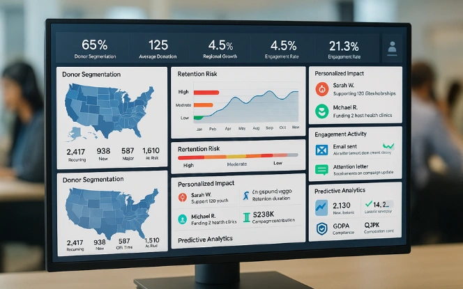 AI donor analytics dashboard showing segmentation, contribution history, retention risk alerts, and impact reports.