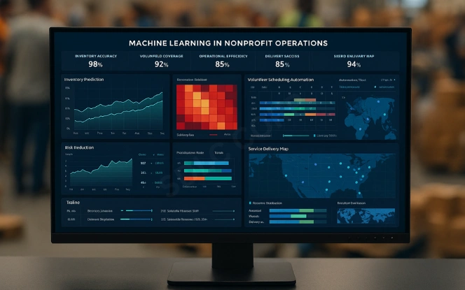 AI operations dashboard with inventory predictions, volunteer automation, risk reduction, and service delivery maps.