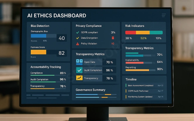 AI ethics dashboard showing bias detection, privacy compliance alerts, and risk indicators.