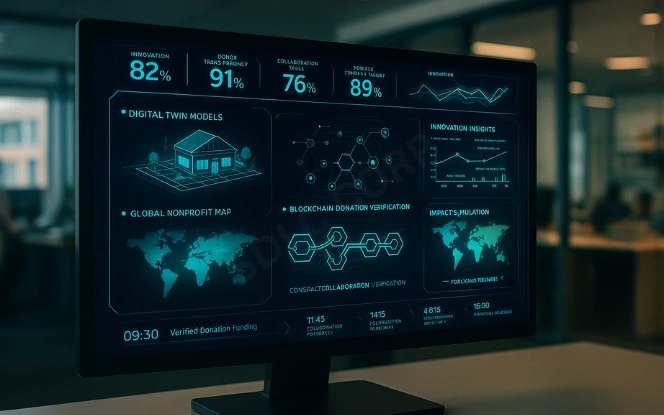 Futuristic AI dashboard with digital twins, blockchain donation verification, and predictive collaboration graphs.