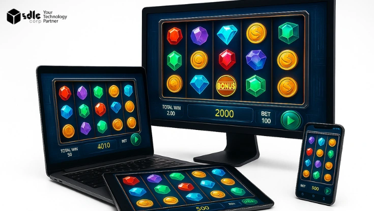 Realistic digital slot game interface displayed on multiple devices with blue glowing UI, symbolizing advanced slot game development by SDLC CORP in Malta