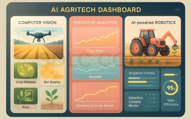  Illustration of computer vision, predictive analytics, and AI-powered robotics monitoring crops, rainfall, and soil quality to improve farming efficiency. 