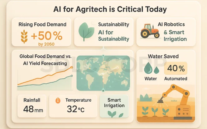  Infographic showing global food demand, sustainability benefits, and smart irrigation with water-saving automation for future-ready farming. 