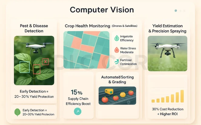  Visual showing drones detecting crop diseases, soil health, and pest activity, with automated sorting and grading to improve yield and reduce costs.