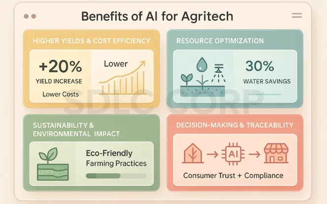 Infographic highlighting how artificial intelligence in farming increases yield, saves water, supports eco-friendly practices, and improves traceability. 