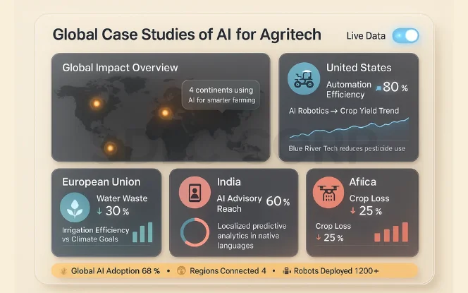 World map with case studies from the US, EU, India, and Africa showcasing AI-driven automation, irrigation efficiency, and reduced crop losses. 