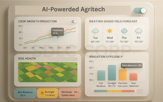  Interactive dashboard showing crop growth prediction, soil health, irrigation efficiency, and weather-based yield forecast using artificial intelligence in agriculture. 