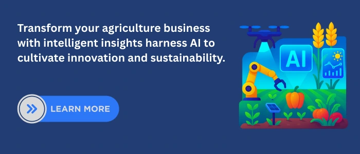Modern AI for agritech concept showing a robotic arm, drone, and data charts over a smart farm with crops and solar panels, representing how artificial intelligence drives innovation and sustainability in agriculture.