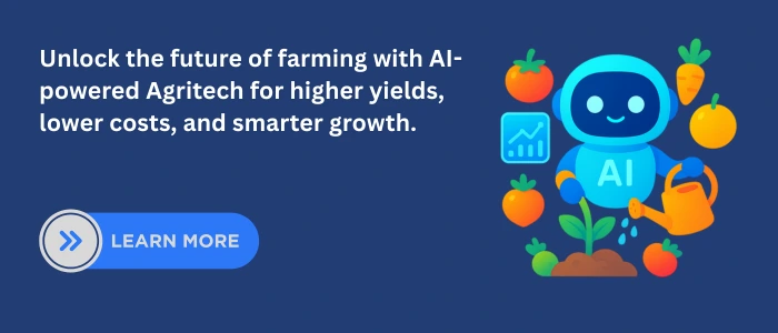 Illustration of a friendly AI robot watering plants surrounded by fruits and vegetables with a chart icon, symbolizing AI for agritech innovations that enable higher yields, lower costs, and smarter farming growth.