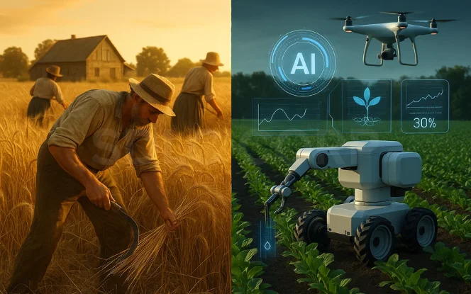  Split image comparing manual crop harvesting with modern automation using drones and robots for intelligent farming and food production.
 