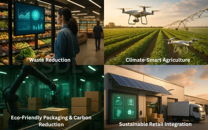  Collage illustrating waste reduction in supermarkets, drone-assisted climate-smart agriculture, eco-friendly packaging, and solar-powered retail operations.