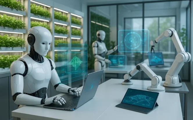 Humanoid robots and robotic arms analyzing crop and food data in a smart lab environment for advanced food innovation and automation. 