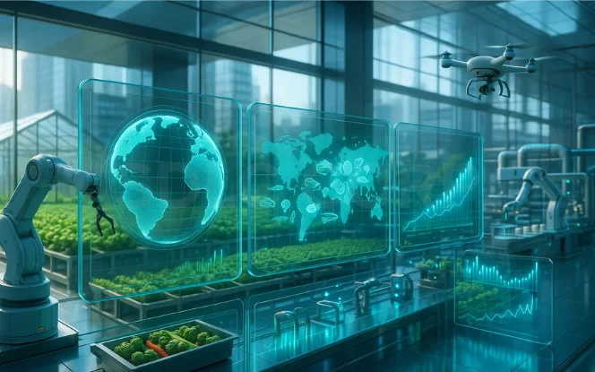  Futuristic greenhouse with drones and robots collecting global food production analytics displayed on holographic dashboards powered by AI for food tech. 