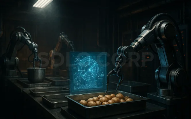  Robotic arms inspecting potatoes on a conveyor with holographic data displays, demonstrating AI-driven precision in food quality control. 
