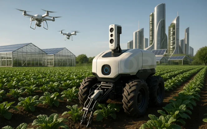  Autonomous field robot and aerial drones operating near modern greenhouses and smart cities, representing the future of AI for food tech and sustainable farming. 