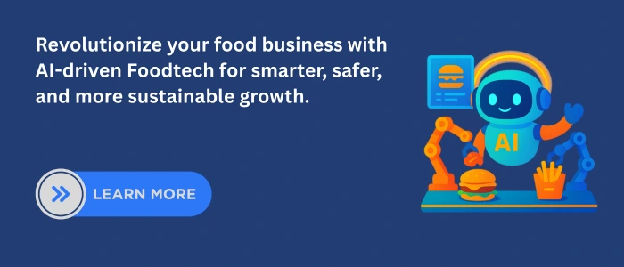 AI robot managing automated food production with burgers and fries, highlighting technology’s role in safer and more sustainable food systems.