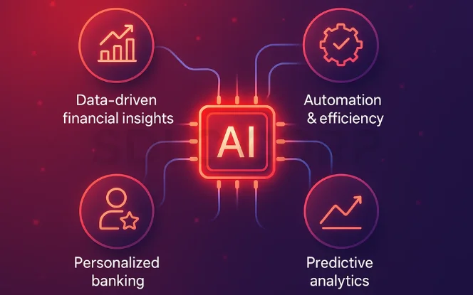  Illustration showing how artificial intelligence improves data-driven financial insights, automation, personalized banking, and predictive analytics.
 