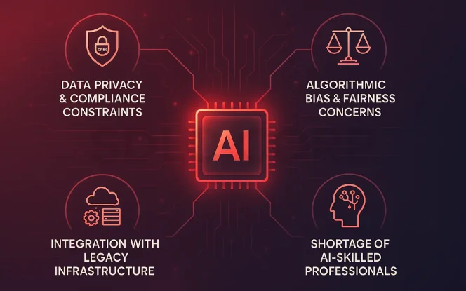  Diagram showing fintech challenges including data privacy, fairness, legacy infrastructure, and shortage of AI-skilled professionals. 