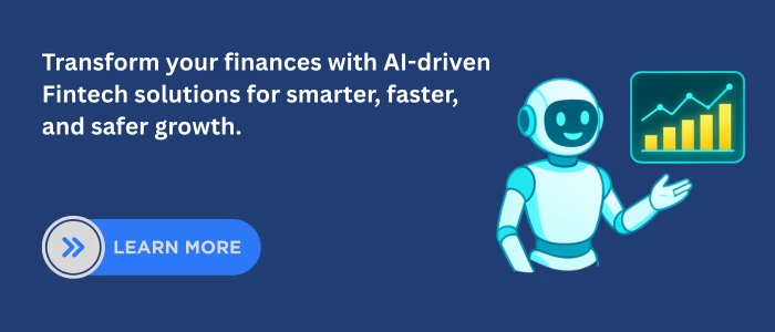 Illustration of an AI robot presenting a rising financial graph, representing AI for fintech solutions that enable smarter, faster, and safer business growth.