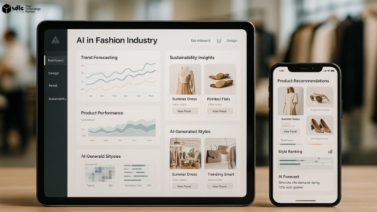 Front-facing tablet and mobile screen displaying AI fashion dashboard with trend and sustainability analytics.