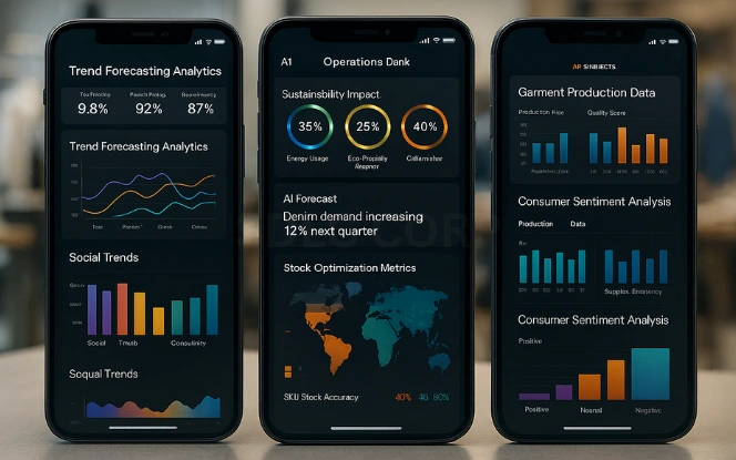 How AI Transforms Fashion Industry Operations Three mobile screens showing AI operations dashboard with trend forecasting, sustainability charts, and stock optimization.