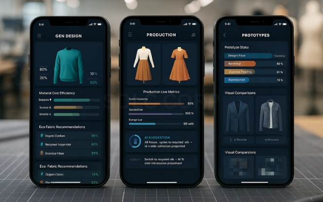 AI Fashion Solutions in Design and Manufacturing Three mobile screens showing AI design and manufacturing dashboard with material efficiency and generative design analytics.