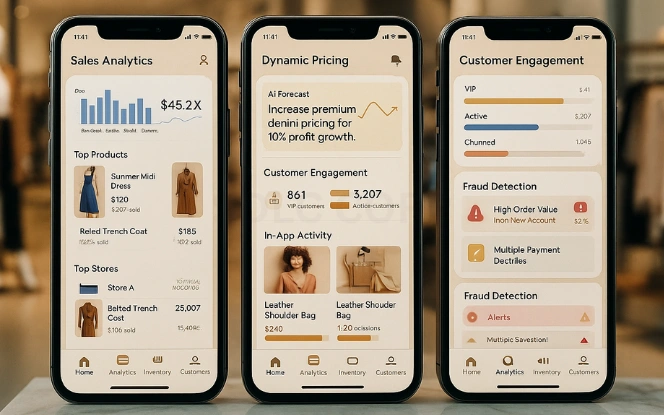Artificial Intelligence in Fashion Retail Three mobile screens showing AI fashion retail dashboard with dynamic pricing, customer engagement, and smart mirror insights.