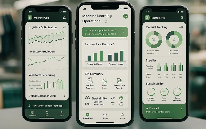 Machine Learning in Fashion Industry Operations Three mobile screens showing machine learning operations dashboard with logistics maps, inventory predictions, and defect detection.