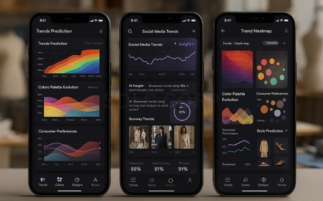 AI in Fashion Design and Trends Three mobile screens displaying AI trend forecasting dashboard with heatmaps, color evolution, and runway trend tracking.