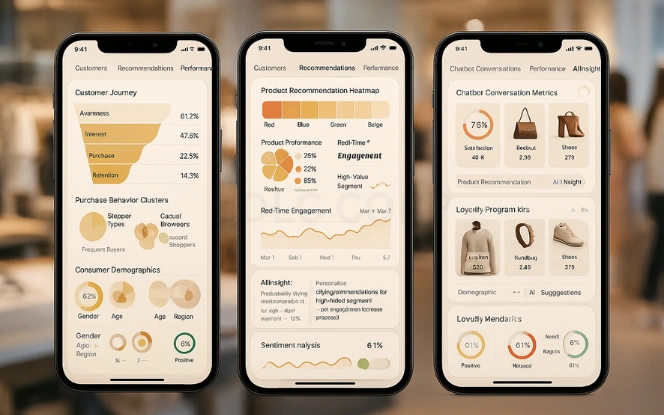 Consumer Personalization with AI Three mobile screens displaying AI personalization dashboard with customer behavior analysis and loyalty program insights.
