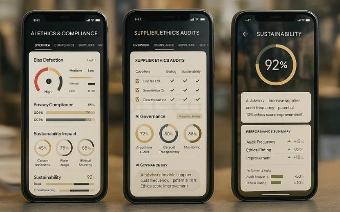 Ethical Considerations of AI in Fashion Three mobile screens showing AI ethics and compliance dashboard with bias detection, privacy compliance, and sustainability gauges.