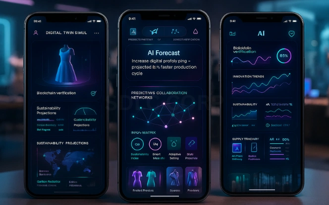 Future of AI in Fashion Industry Three mobile screens showing futuristic AI dashboard with digital twin simulations, blockchain verification, and sustainability projections.