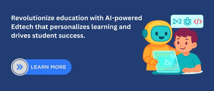 Illustration of an AI robot helping a student use a laptop, representing AI for EdTech that personalizes learning and improves student outcomes.