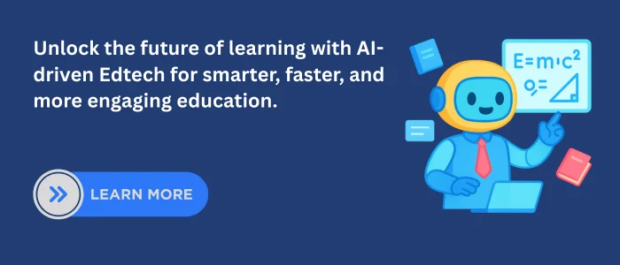 Friendly AI robot teaching math on a digital board with books floating around, symbolizing smart, engaging, and technology-enhanced learning.