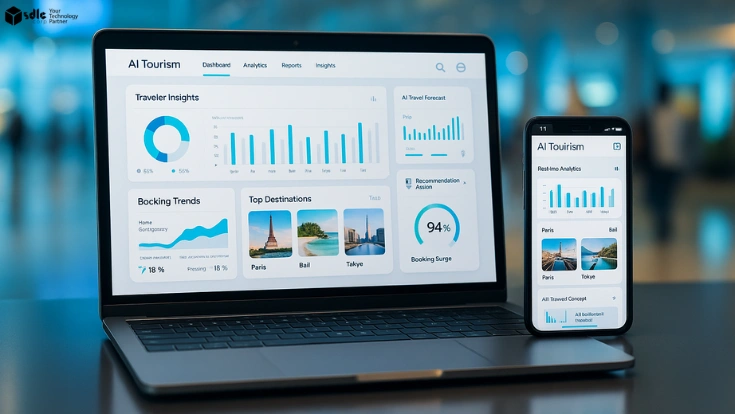 Front-facing laptop and smartphone displaying an AI-powered tourism analytics dashboard with travel data, maps, and destination insights, set against a softly blurred airport background with warm ambient lighting.