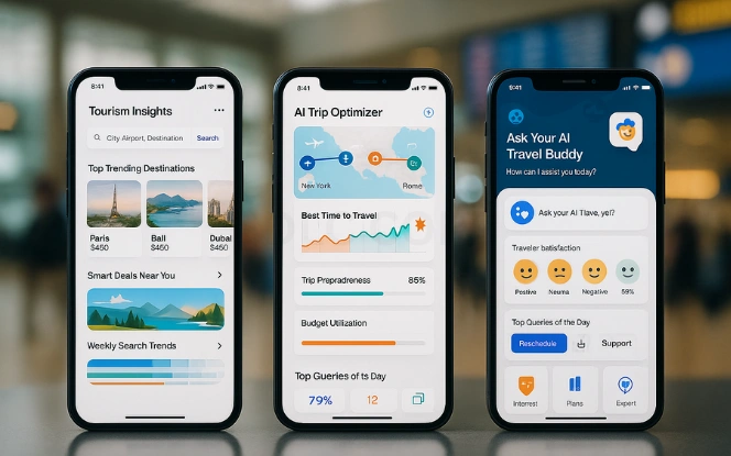The Role of Artificial Intelligence in Modern Tourism AI tourism dashboard showing travel analytics, forecasts, and insights