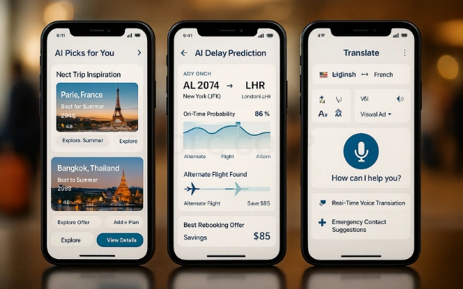 Enhancing Traveler Experience Through AI Travel Technology AI travel dashboard with itinerary, delay prediction, and voice assistant tools